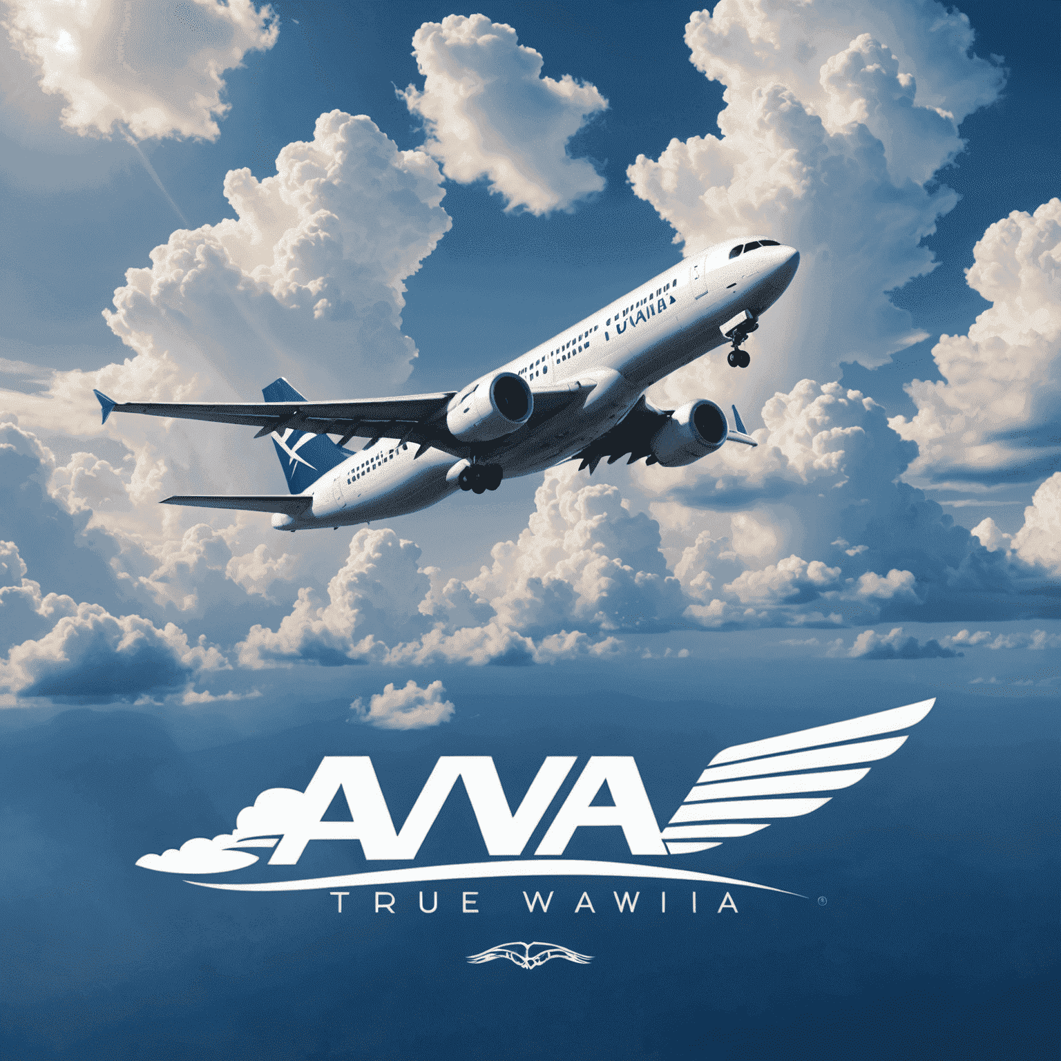 True Avia logo featuring a stylized airplane soaring through clouds