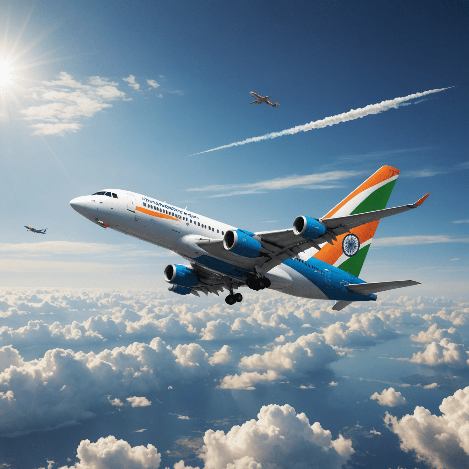 A vibrant image showcasing a modern aircraft soaring through clouds, with the Indian flag visible on its tail, representing the excitement of avia fly games in India