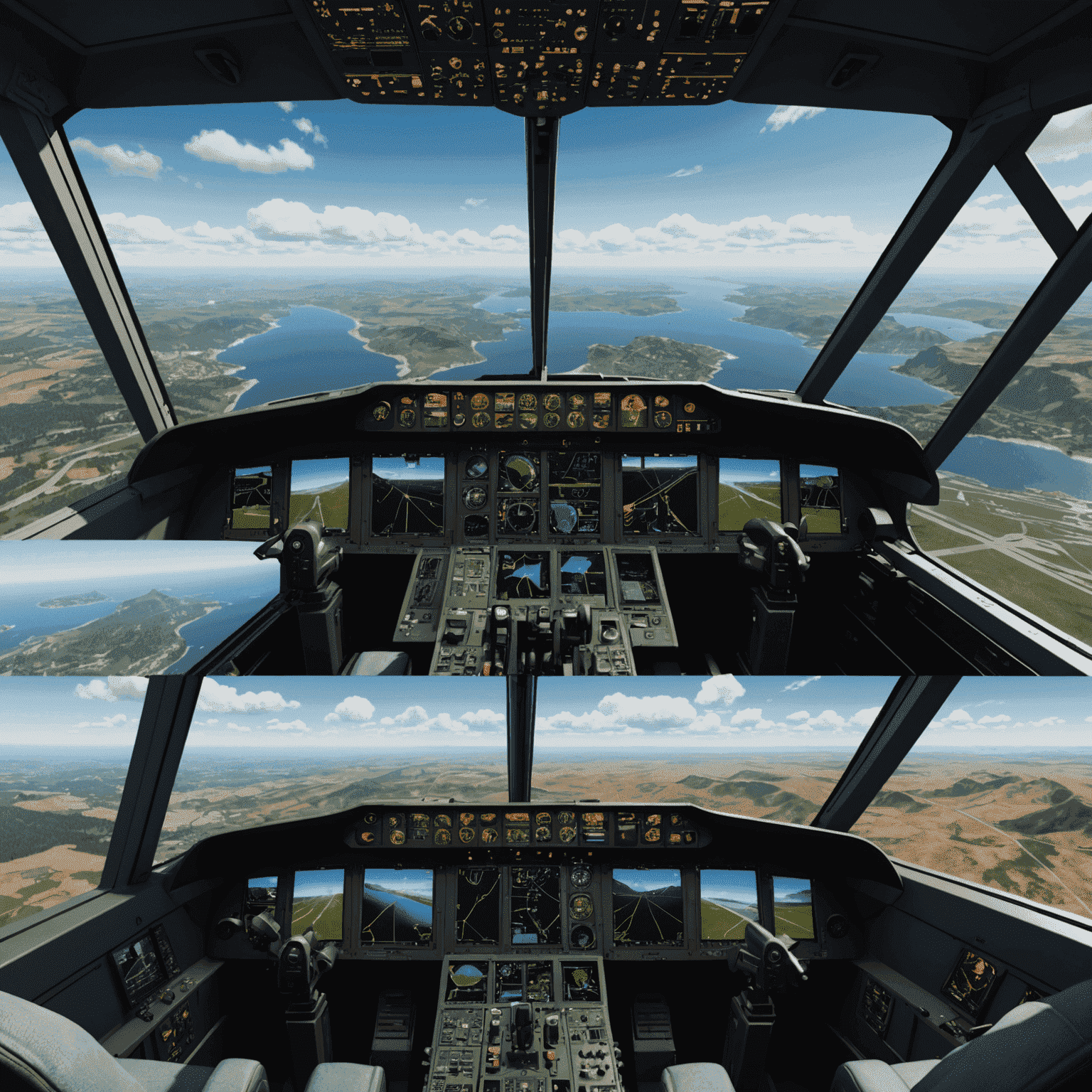 Collage of flight simulator screenshots showing cockpit views, landscapes, and aircraft exteriors from various popular flight simulator games