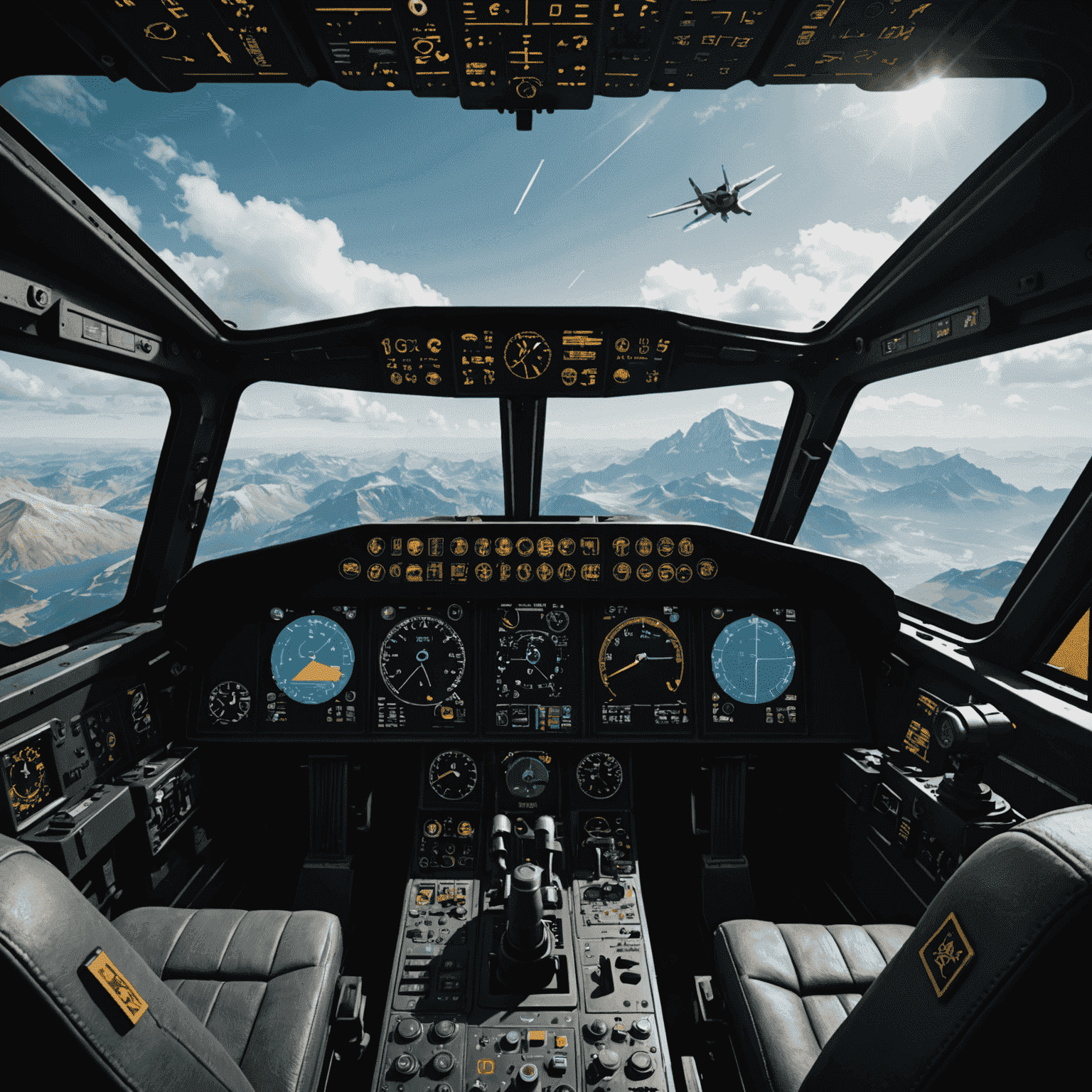 A dynamic cockpit view with a pilot's hands on controls, overlaid with virtual career progression indicators and rank symbols