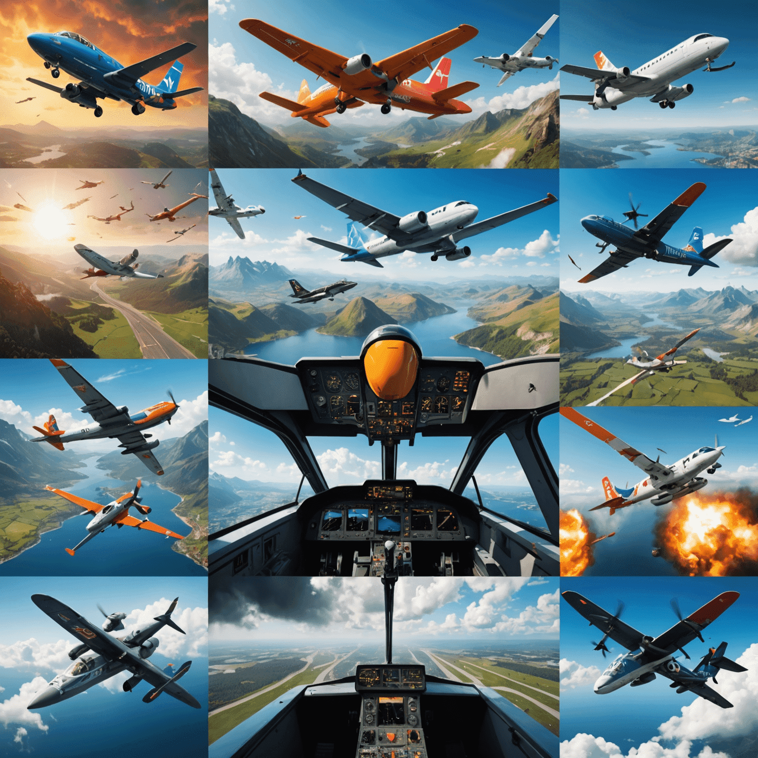 Vibrant collage of various avia games and flying scenes, showcasing the excitement and diversity of True Avia's services