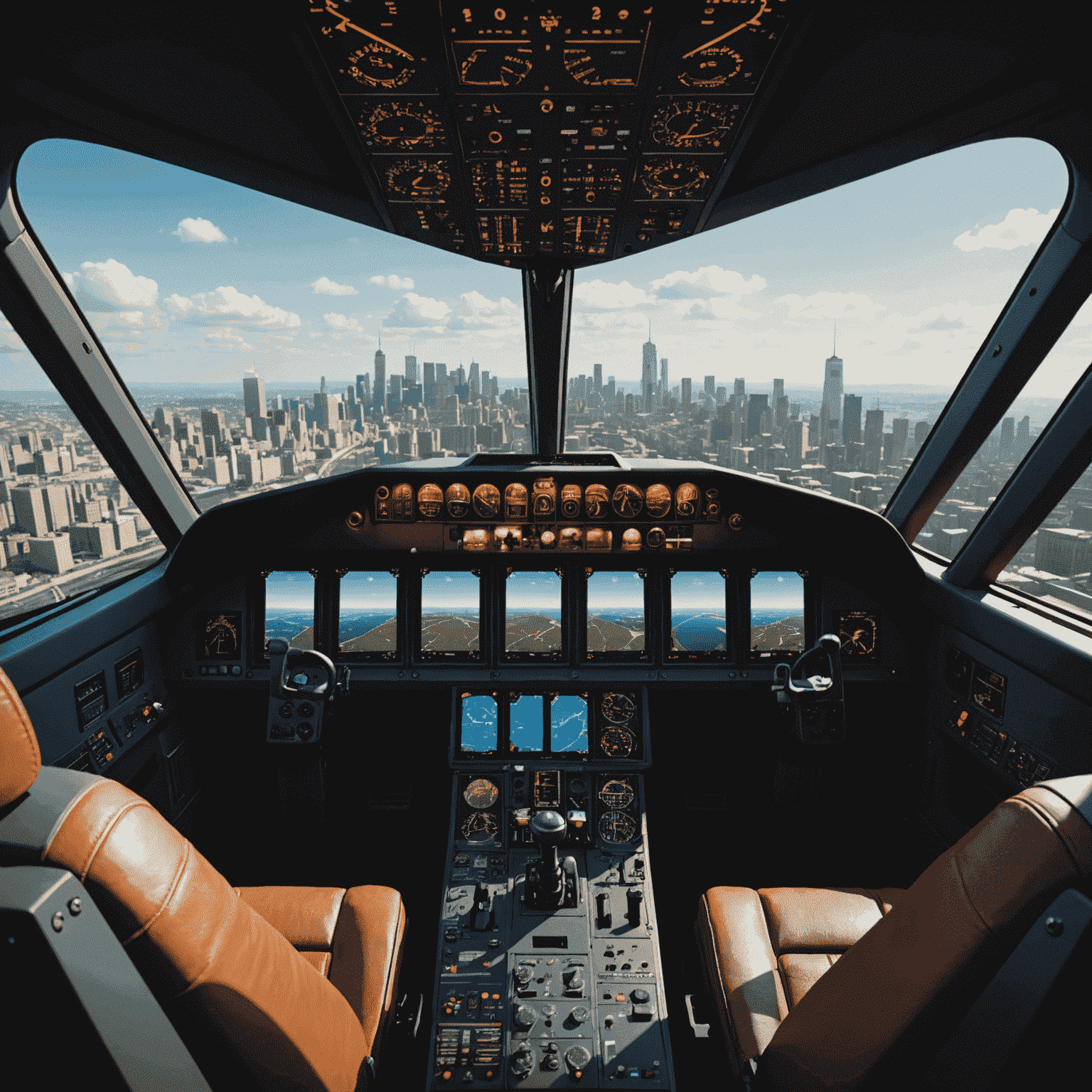 Realistic cockpit view of a flight simulator with detailed instrument panel, yoke, and a panoramic view of a virtual cityscape through the windshield