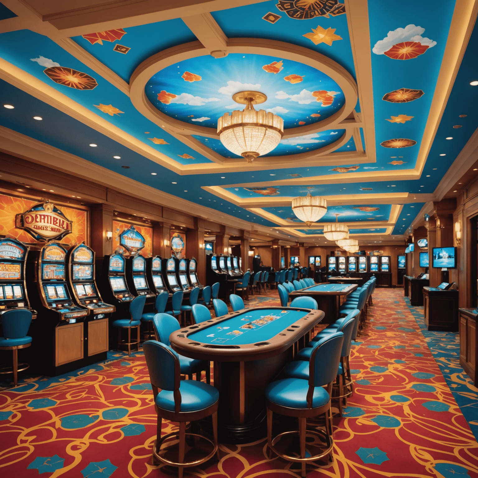 A vibrant casino floor with slot machines and poker tables, featuring Avia-themed decorations and a sky-blue ceiling with cloud motifs