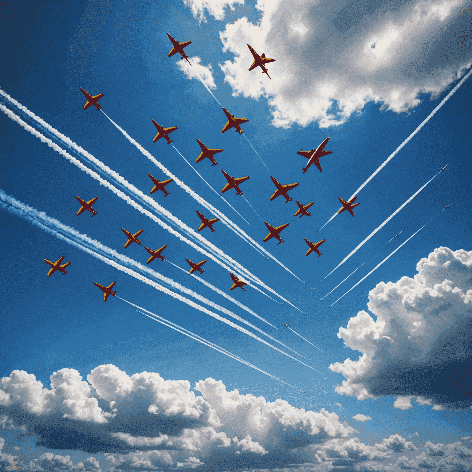 A dynamic image of multiple aircraft flying in formation during an aviation tournament, with vibrant contrails and a dramatic sky background