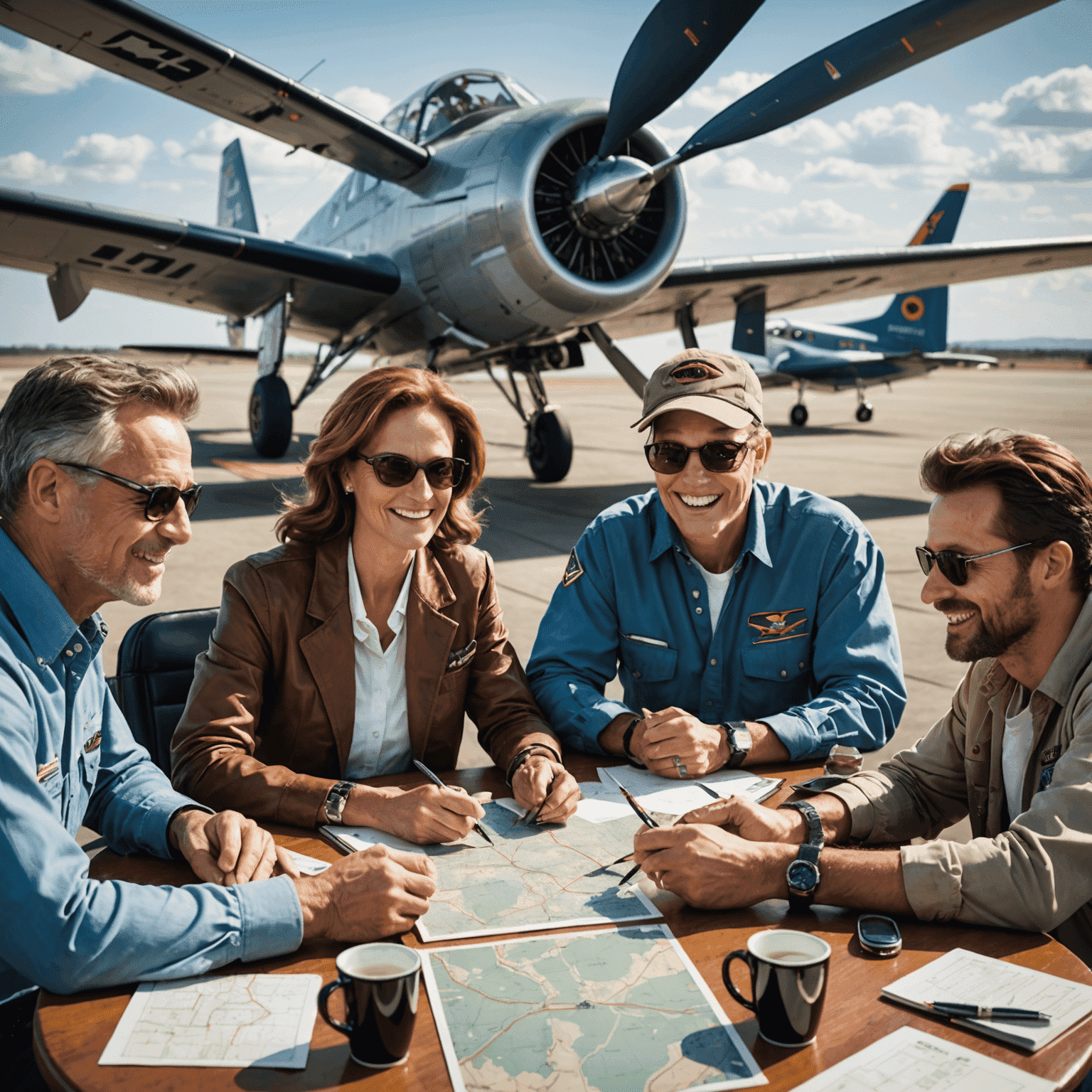 A group of diverse aviation enthusiasts gathered around a table, discussing flight strategies and sharing experiences. The image conveys a sense of camaraderie and excitement.