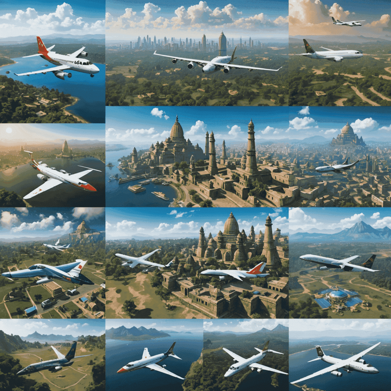 A collage of various avia game screenshots, showing different aircraft types and scenic views of Indian landmarks from the air, emphasizing the diversity of True Avia's game offerings