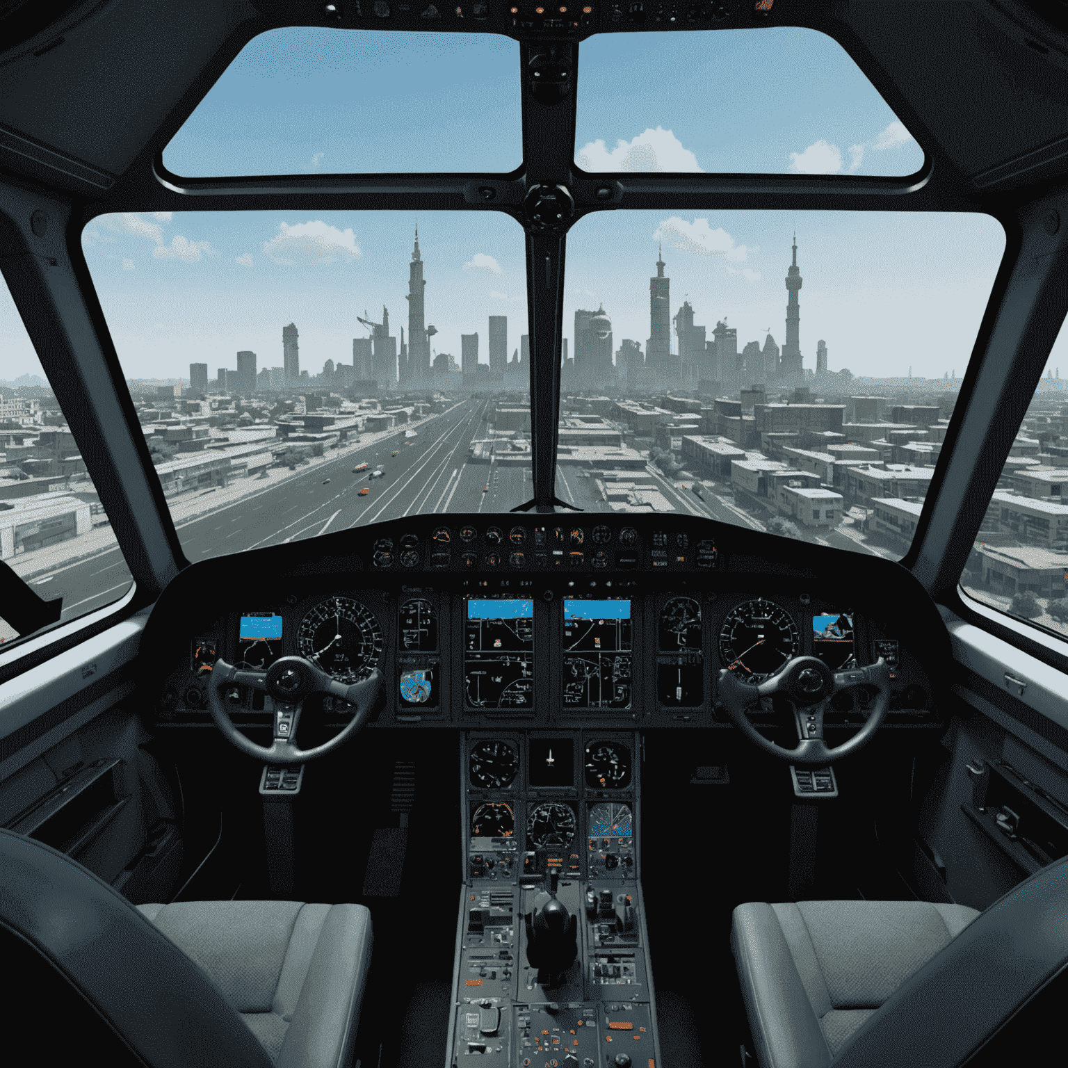 Screenshot of True Avia simulator showing a detailed cockpit view with New Delhi's skyline visible through the windshield