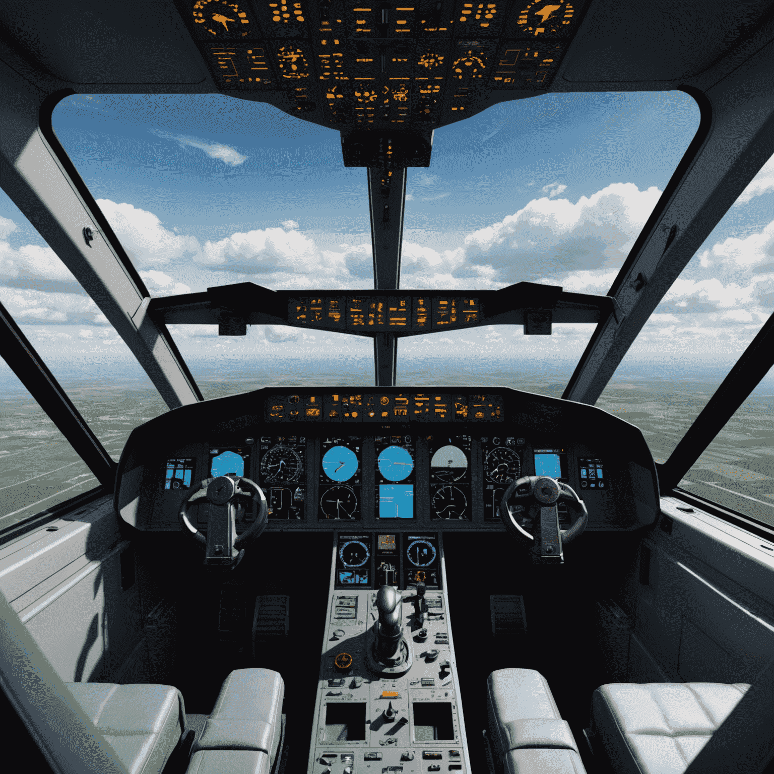 A realistic cockpit view of a flight simulator with various instruments and controls visible. The scene outside the virtual window shows a clear sky with clouds.