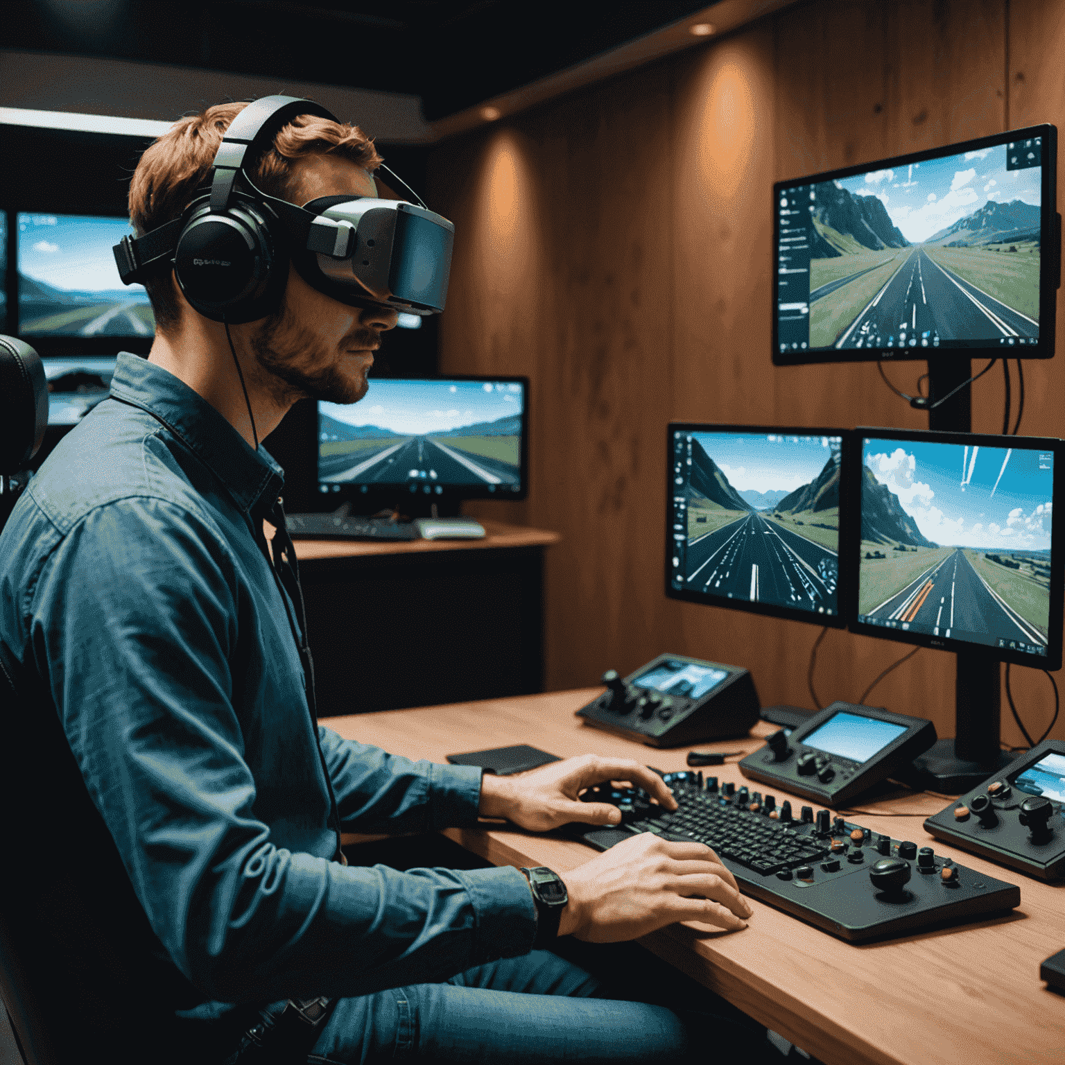 A person using a flight simulator setup with multiple screens, flight controls, and wearing a VR headset