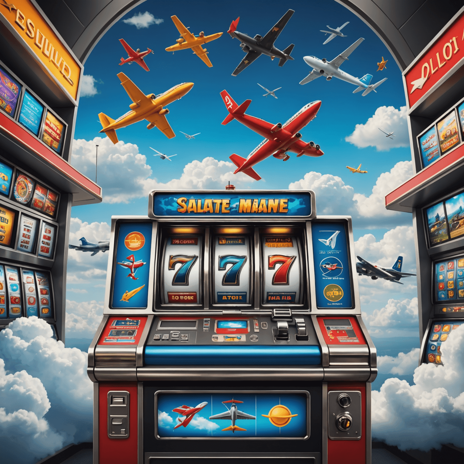 Colorful slot machines with aviation themes, featuring planes, clouds, and pilot symbols