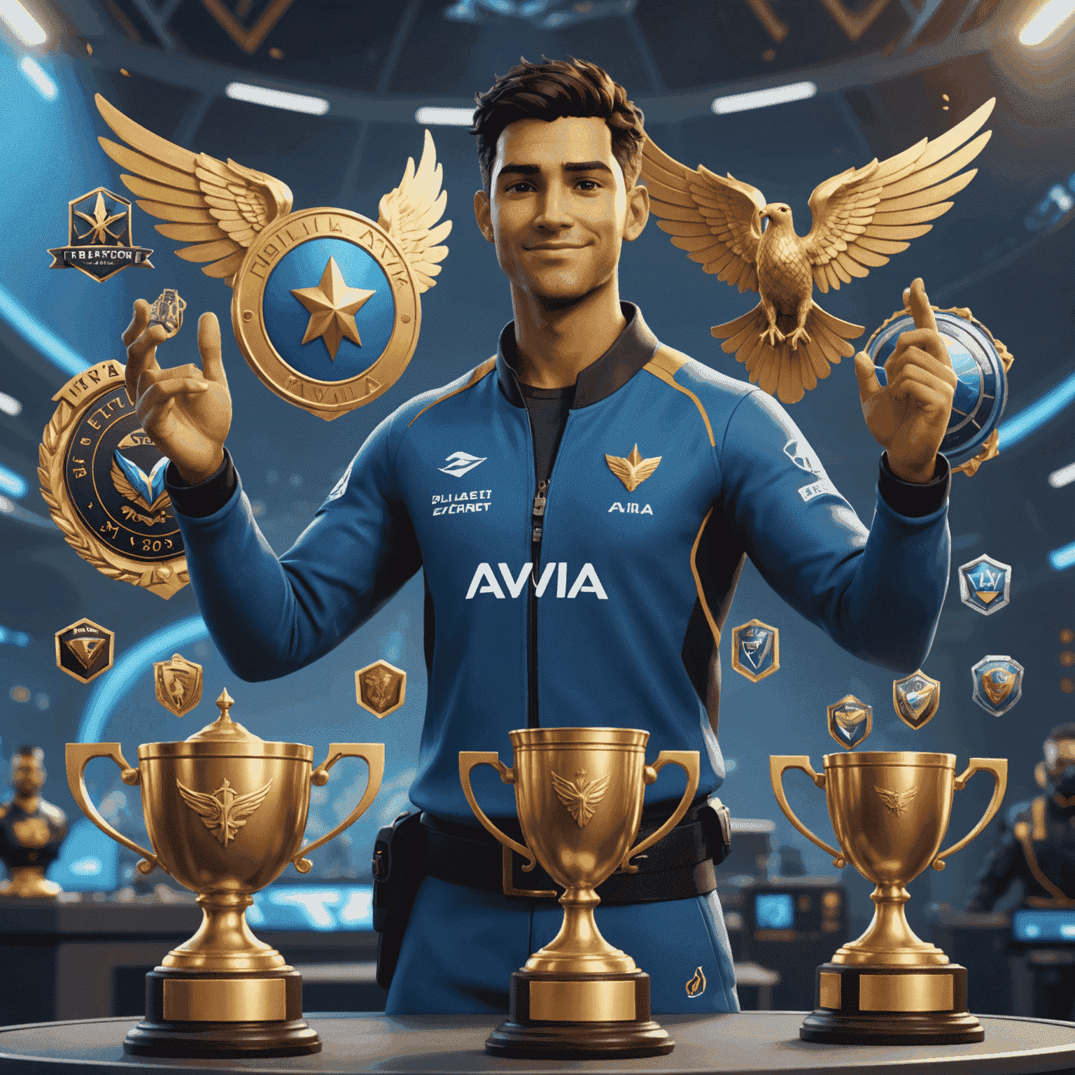 A player avatar with a victory pose, surrounded by virtual trophies and badges representing their achievements in Avia Fly