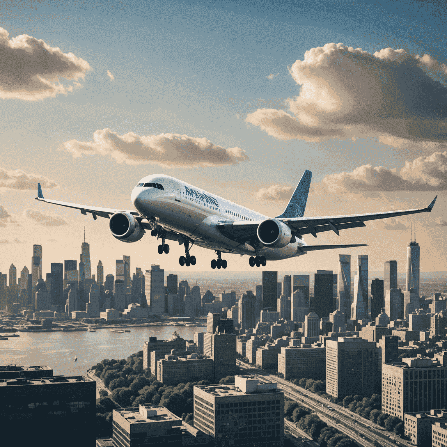 An airplane taking off with a cityscape in the background, representing breaking news in the aviation industry