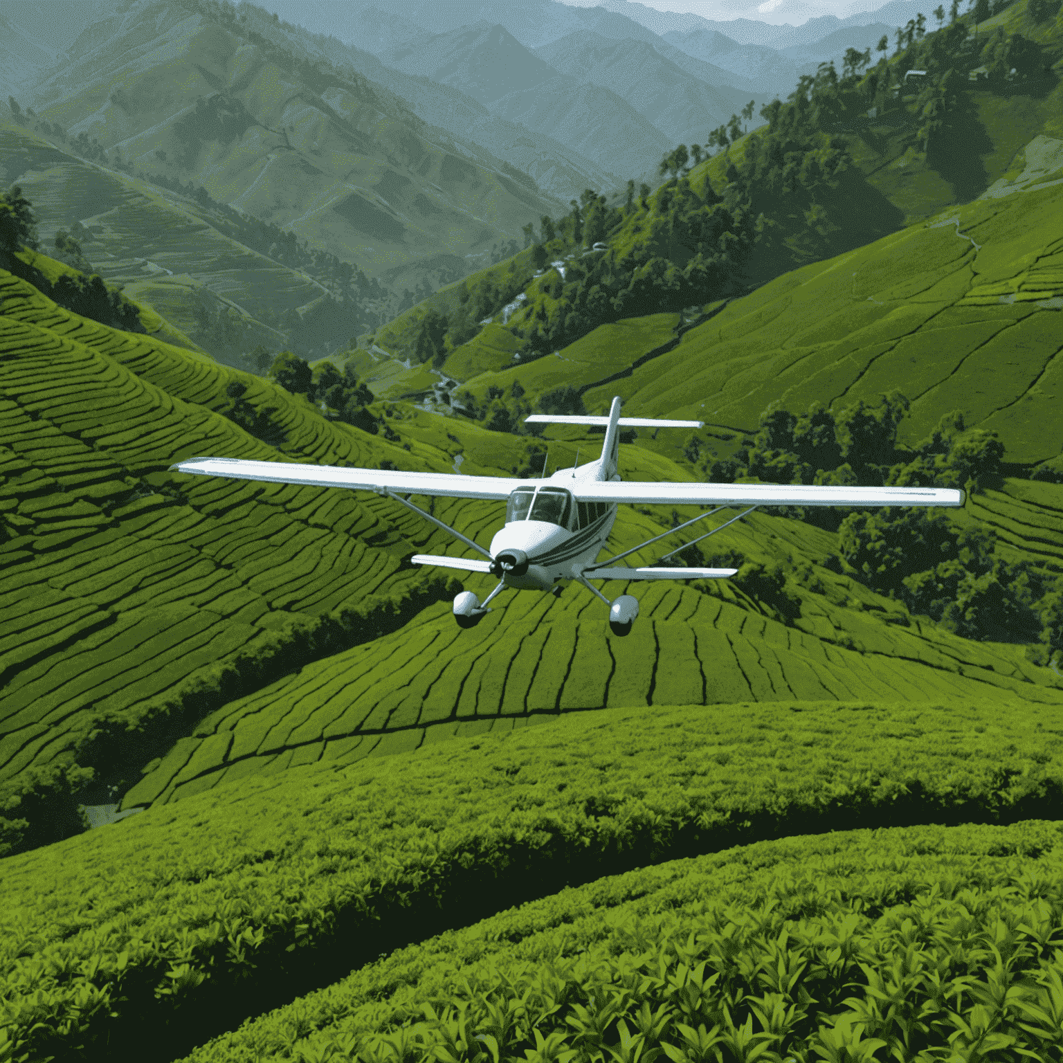 Avia Fly game screenshot showcasing a third-person view of a small aircraft flying over lush green tea plantations in Darjeeling