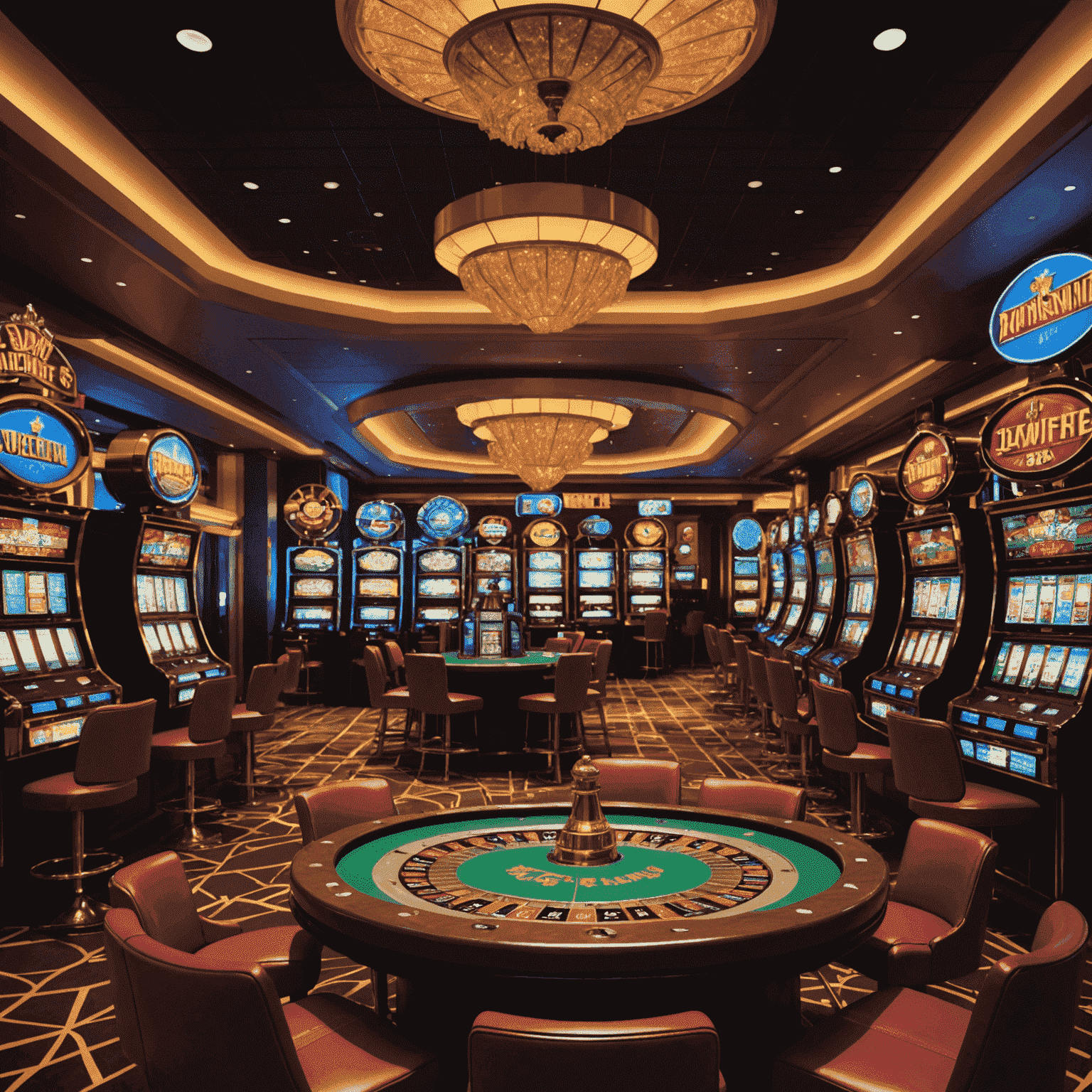 A vibrant virtual casino scene with slot machines, poker tables, and roulette wheels. The atmosphere is lively with aviation-themed decorations.