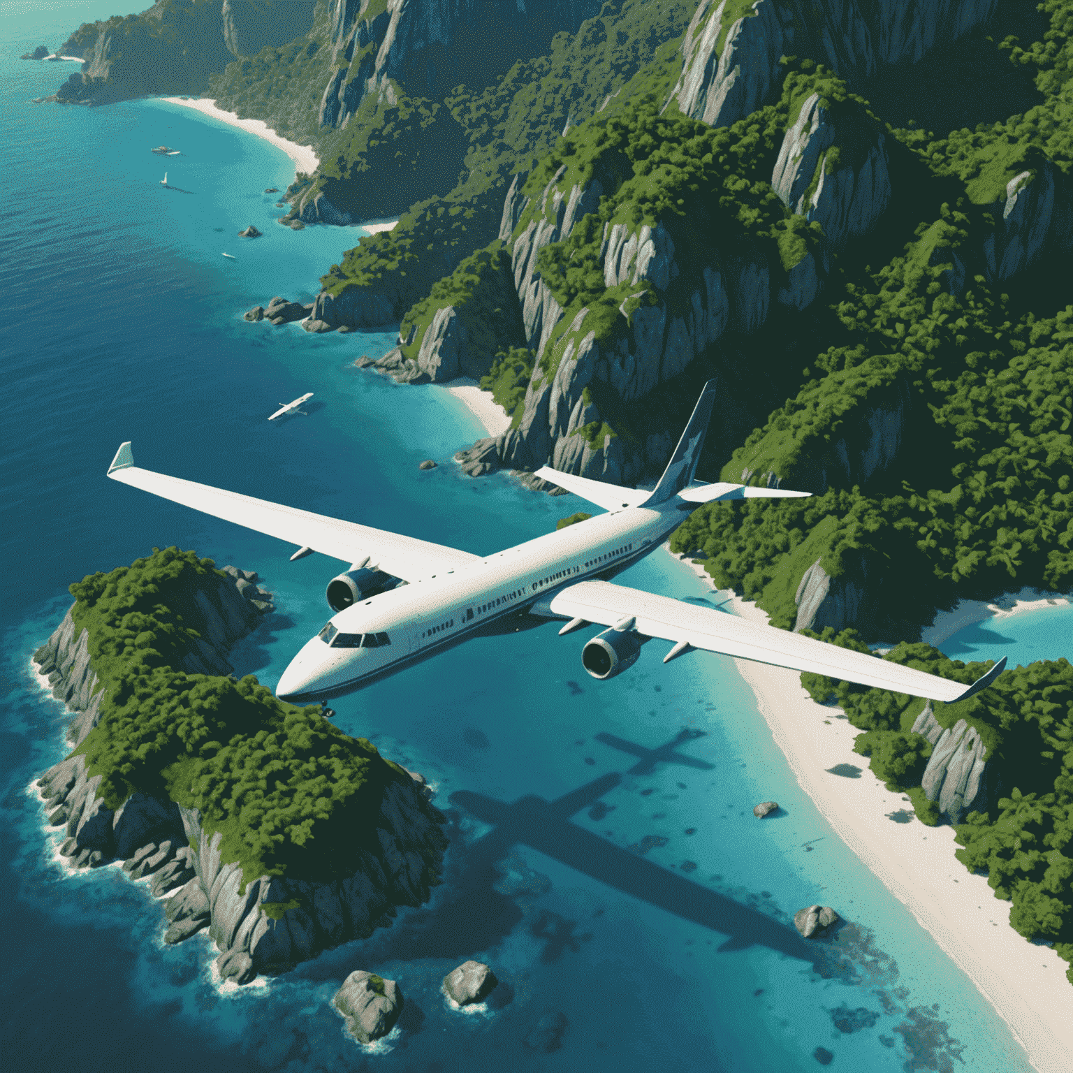 In-game screenshot of a plane flying over a beautiful coastline with crystal clear waters and lush green islands