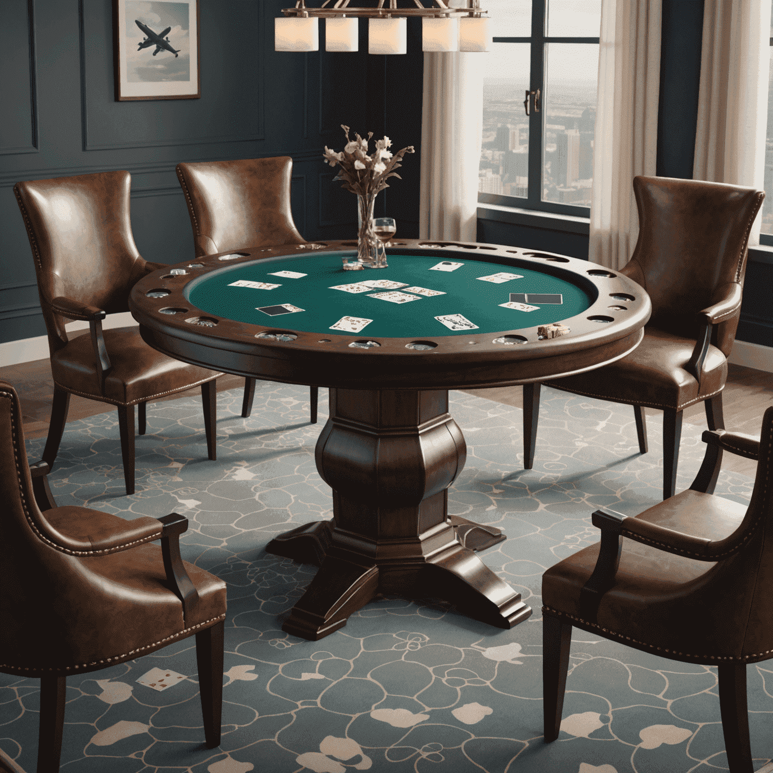 A sleek poker table with cards featuring airplane designs and chips decorated with cloud patterns