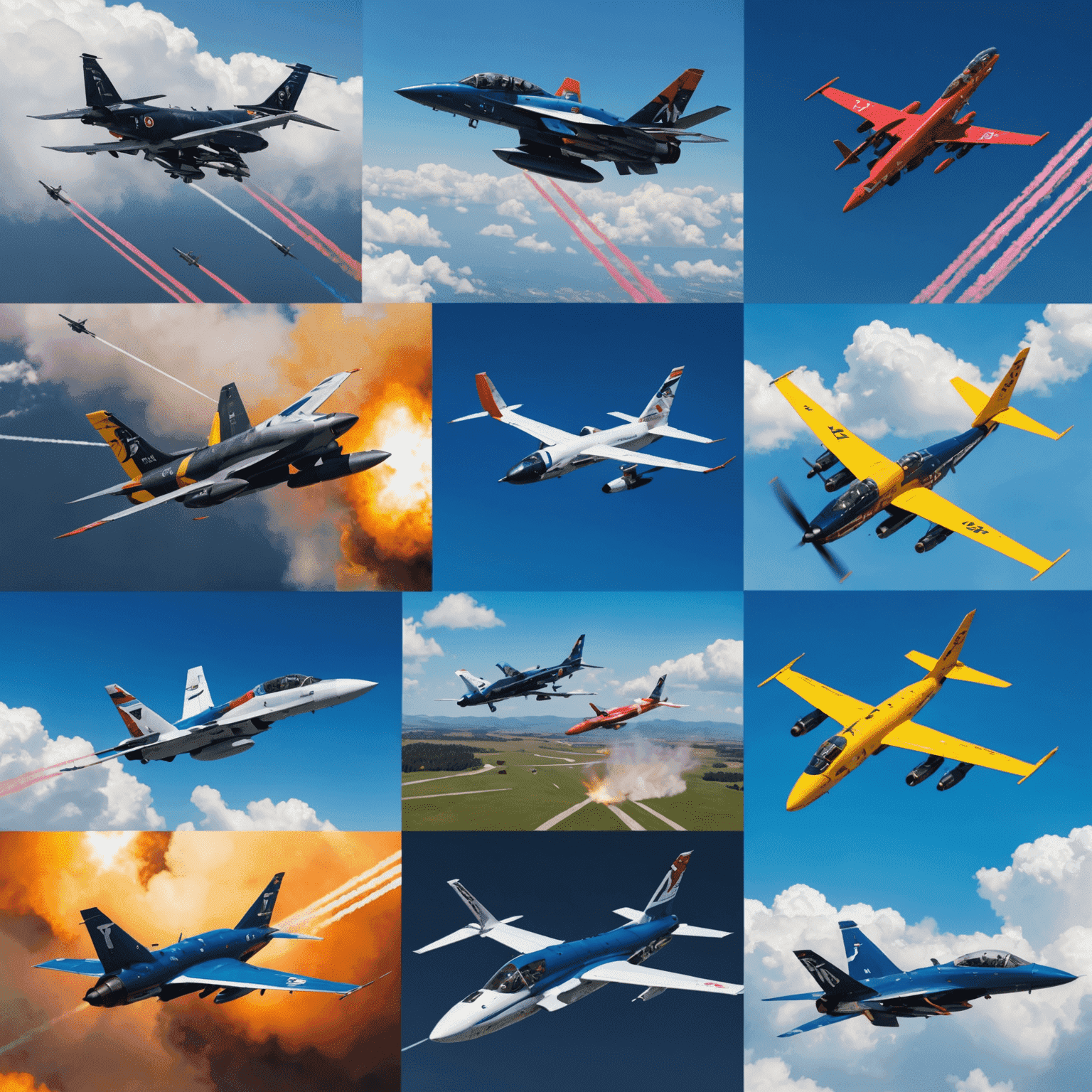 A collage of screenshots showing various players participating in a virtual air show, with colorful trails behind their aircraft