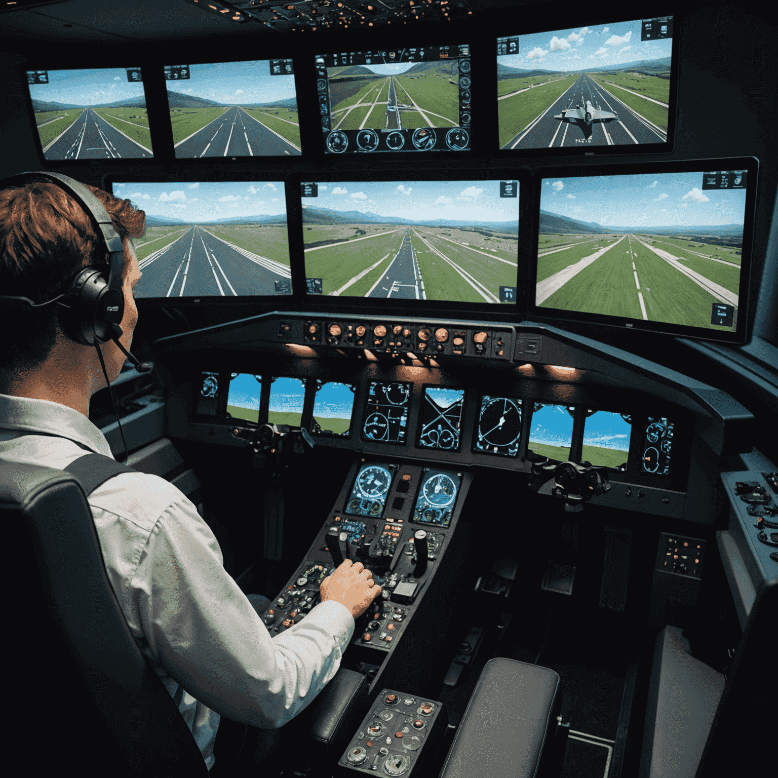 A person using a flight simulator setup with multiple screens showing cockpit views