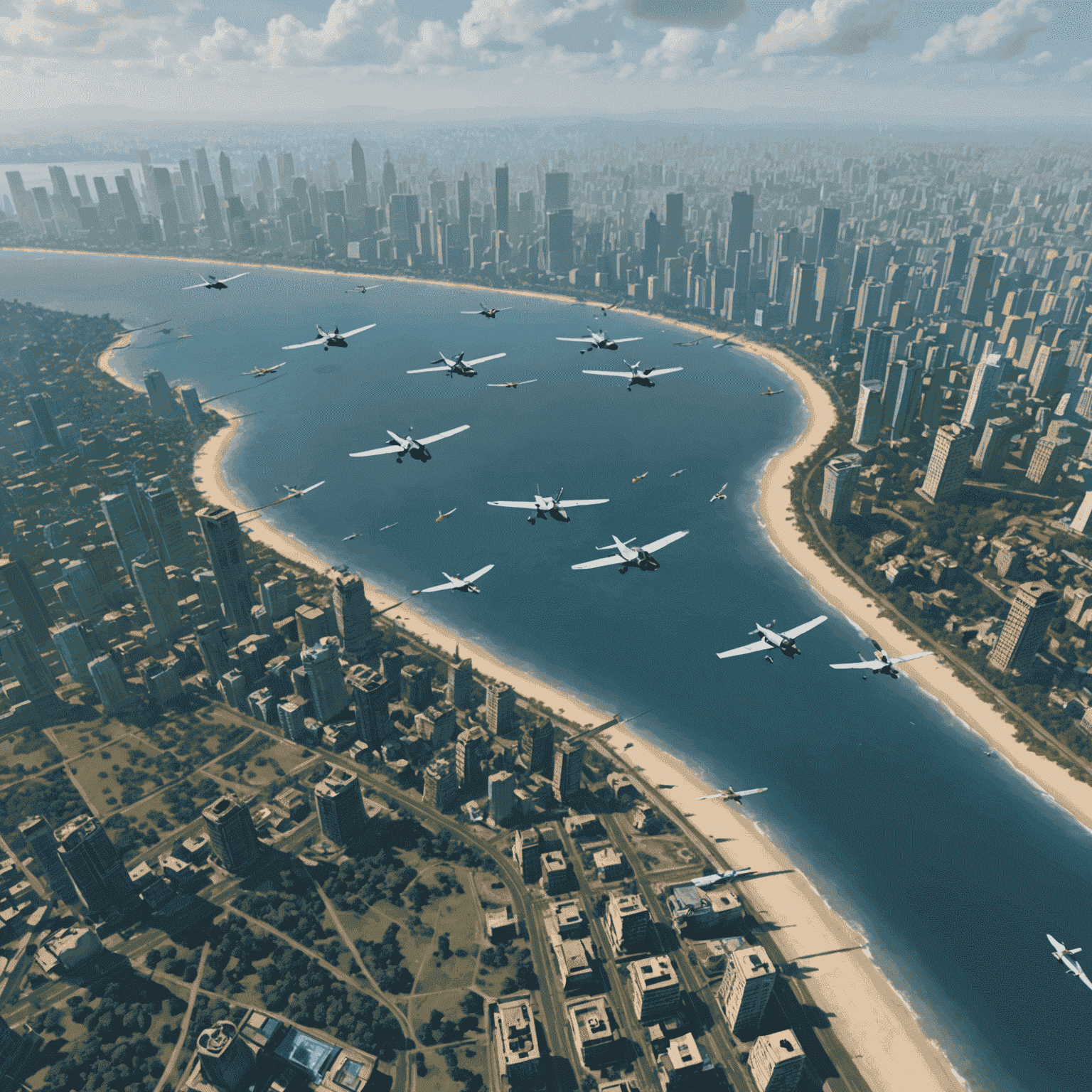 Screenshot from Avia Game showing multiple player-controlled aircraft engaged in a formation flying challenge over Mumbai's coastline