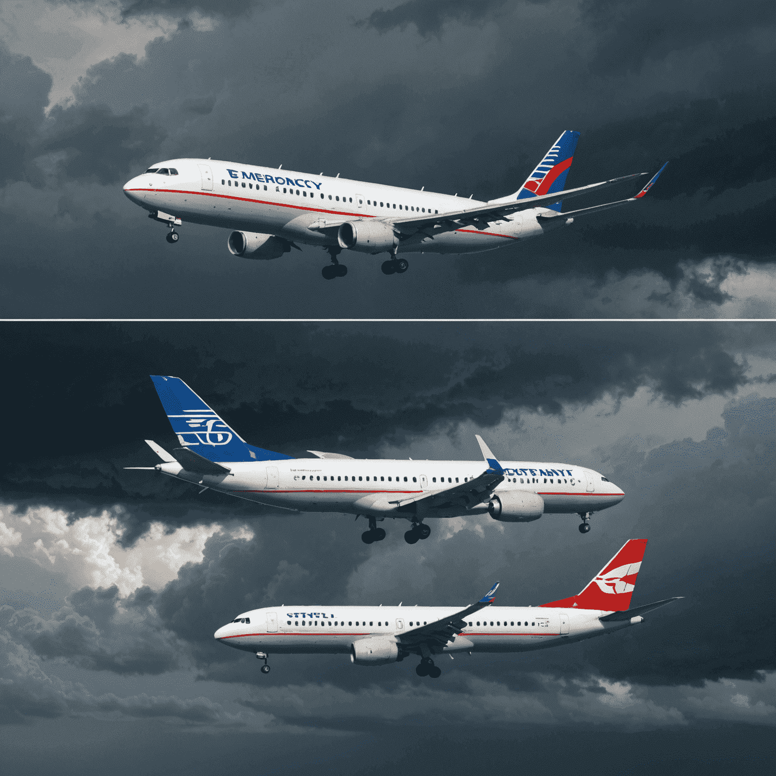 Split-screen image showing a plane navigating through a stormy sky on one side and performing an emergency landing on the other