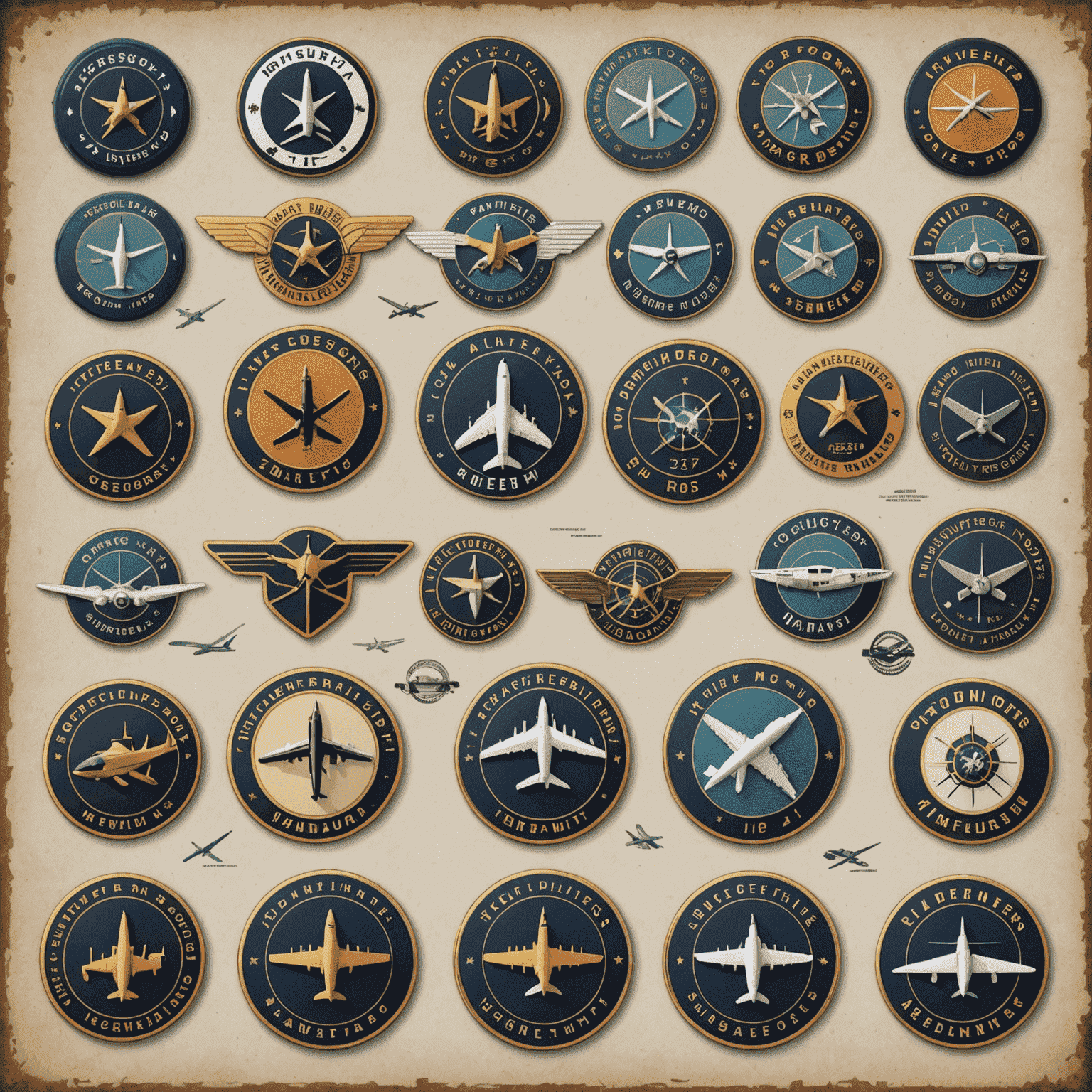 A collage of virtual pilot badges, aircraft, and career progression charts